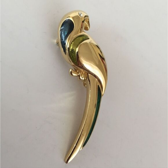 Liz Claiborne Jewelry - Vtg Liz Claiborne Brooch Gold Tone Rhinestone Yellow Green Enamel Bird 2.6" EUC